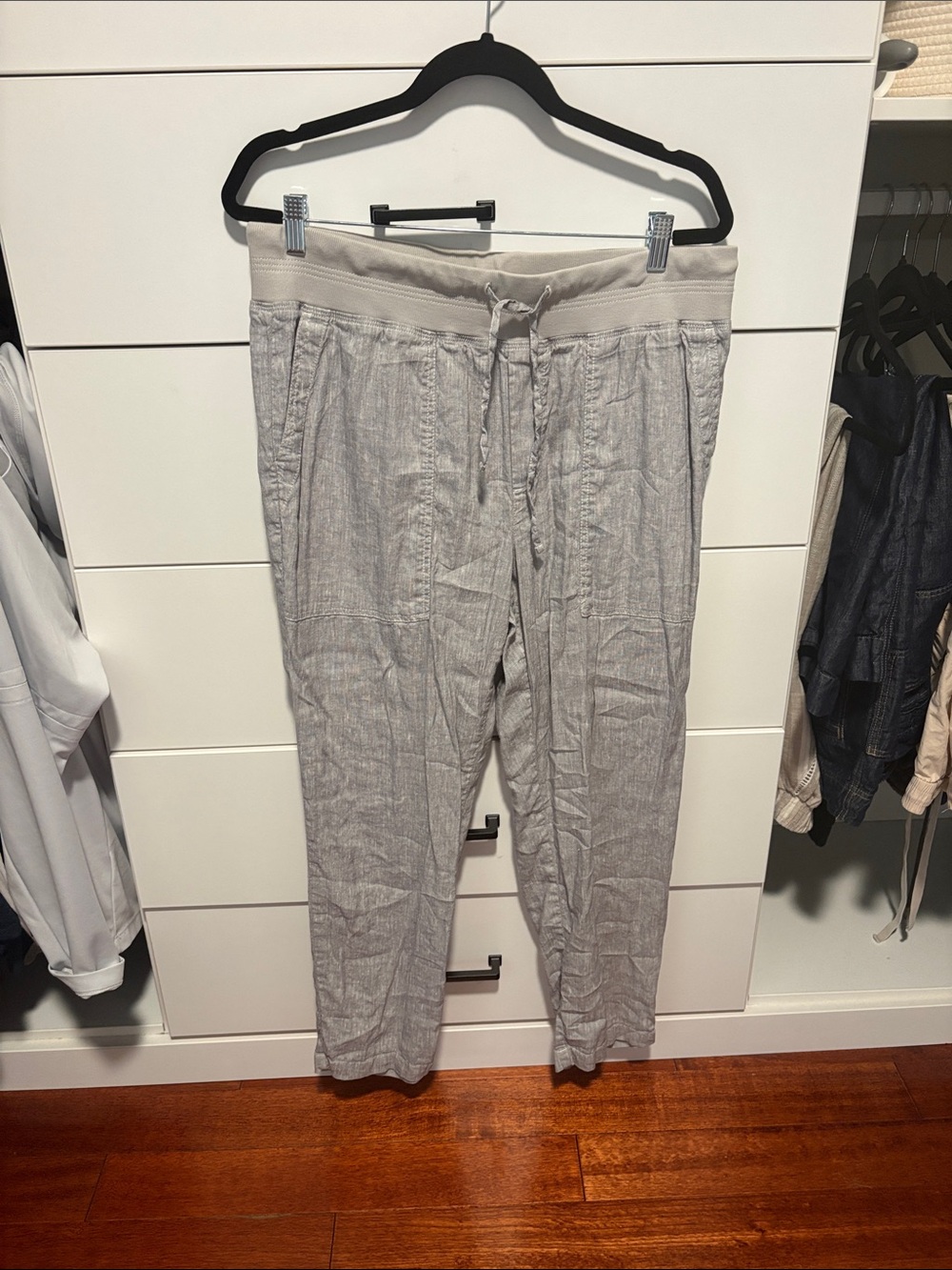 Light Gray Drawstring Linen-Blend Pants